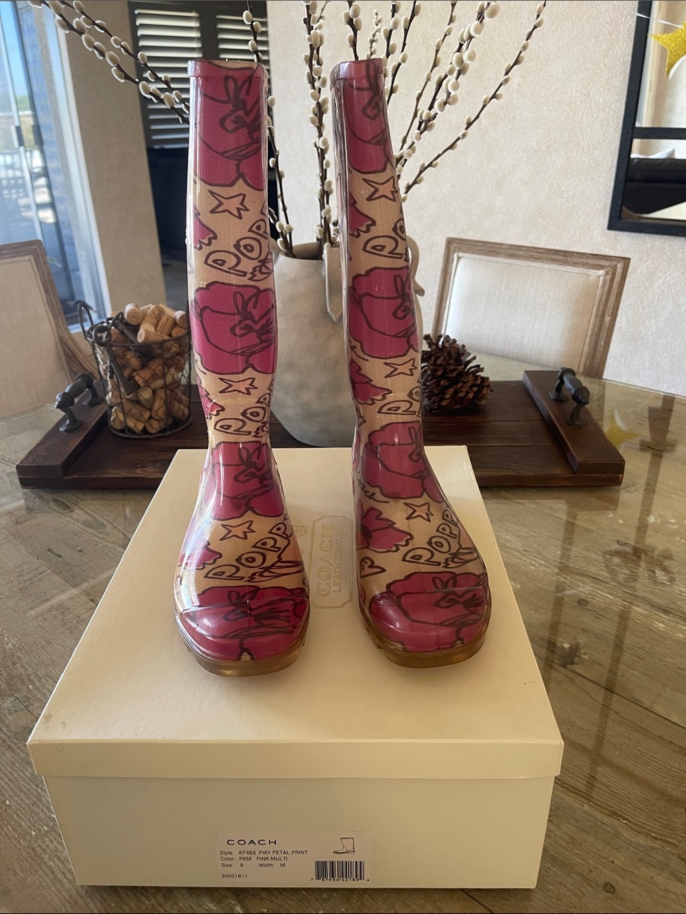 Coach Poppy Pink and Cream Floral Knee High Rain Boots
